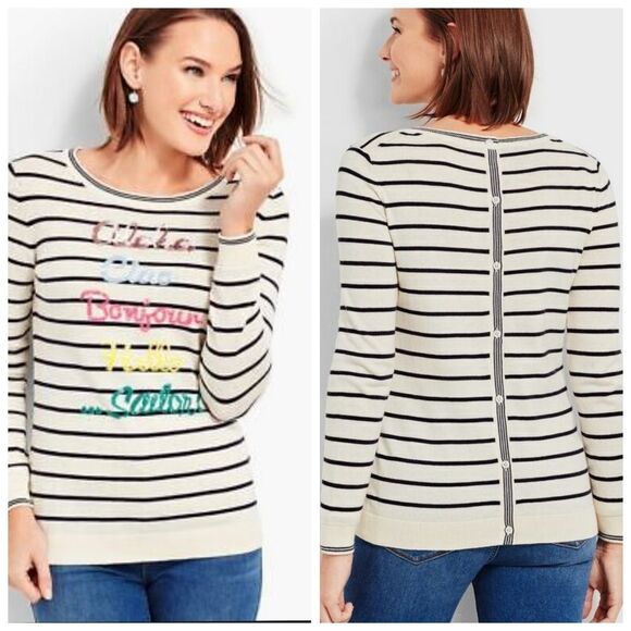 TALBOTS Ivory Hello Sequin Button-Back Crewneck Sweater Medium Black Striped - Picture 1 of 12